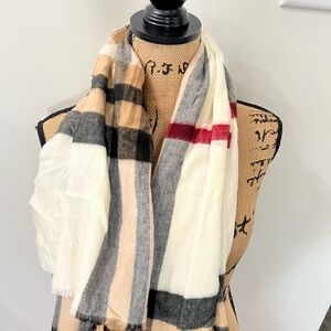 V. FRAAS Cashmink Scarf with Red and Neutral Stripes